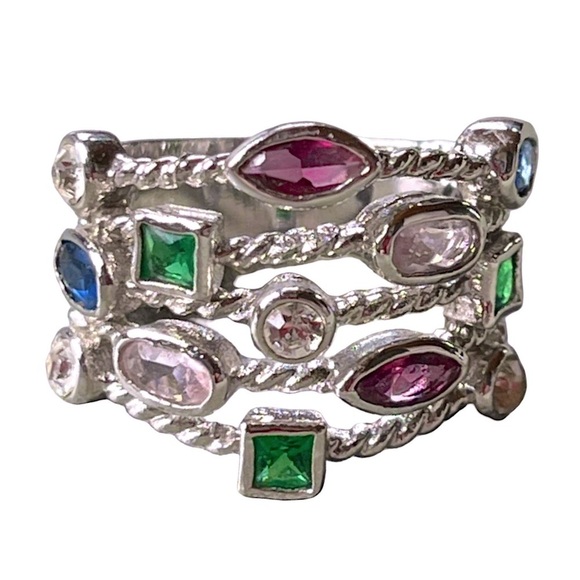 Elegant Silver Colorful Multi-Gemstone Split Twist Ring - Picture 1 of 6